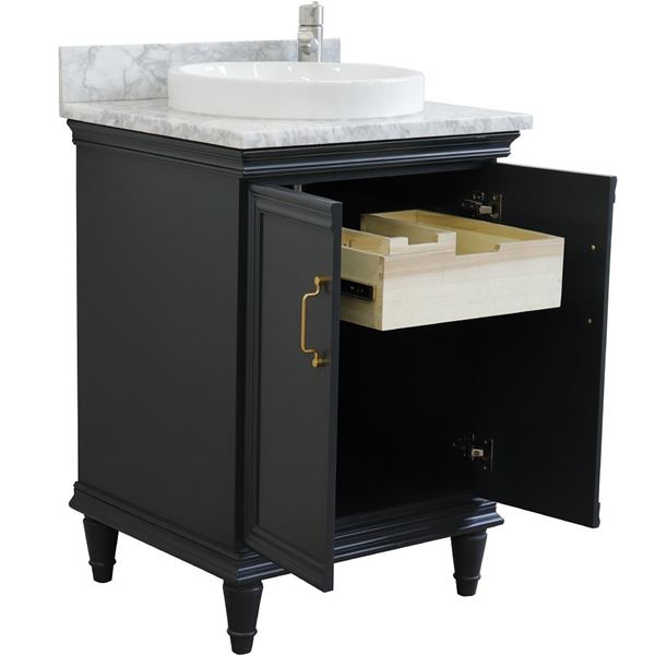 25" Single vanity in Dark Gray finish with White Carrara and round sink