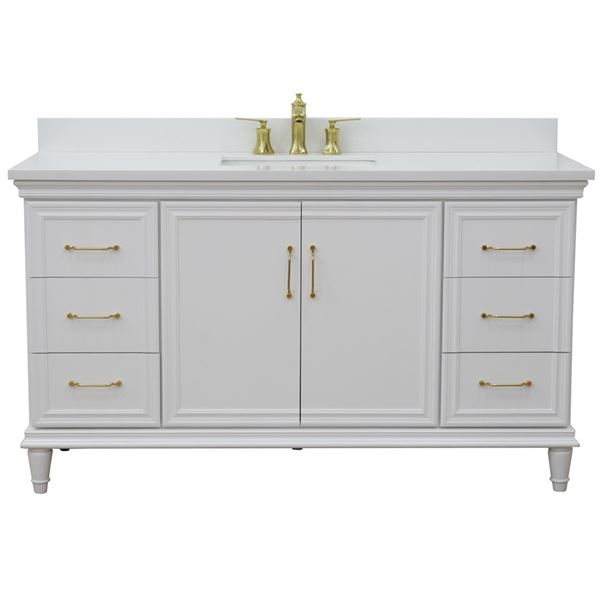61" Single vanity in White finish with White quartz and rectangle sink