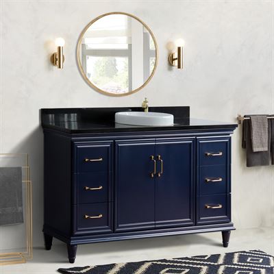 61" Single sink vanity in Blue finish and Black galaxy granite and round sink