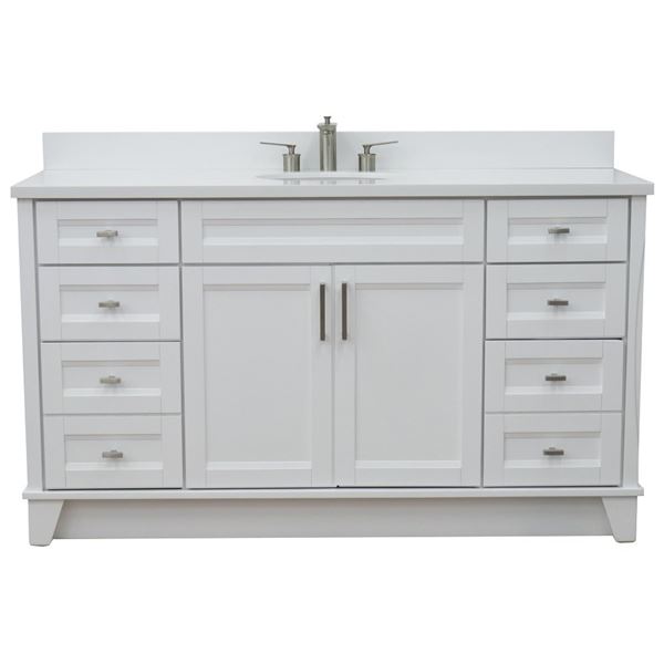 61" Single Sink Vanity in White Finish and White Quartz and Oval Sink