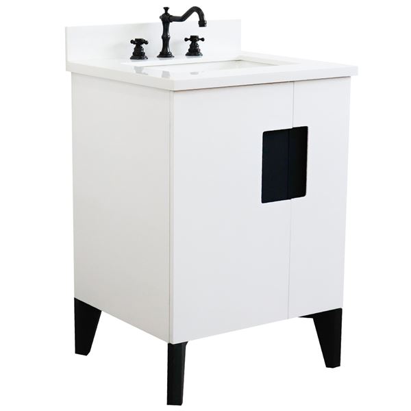 25" Single Sink Vanity in White Finish With White Quartz and Rectangle Sink