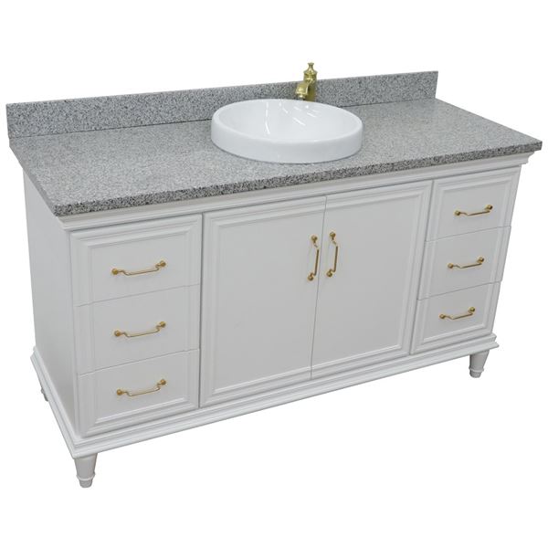 61" Single vanity in White finish with Gray granite and round sink