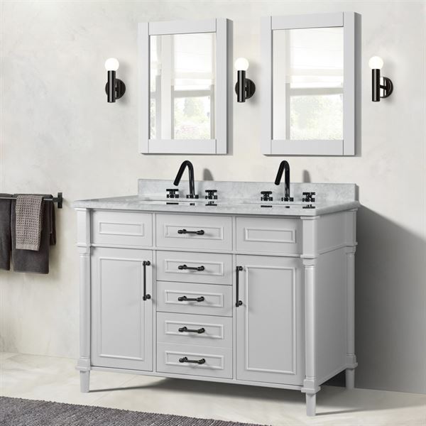 Napa 48 in. Double Vanity in White with White Carrara Marble Top with Black Hardware