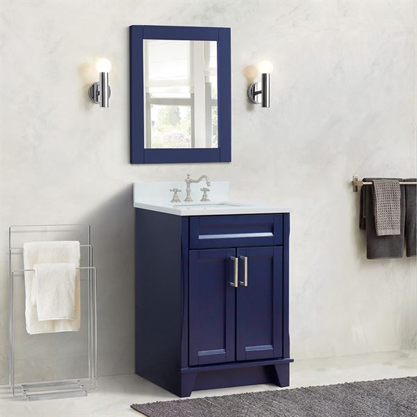 25" Single Sink Vanity in Blue Finish With White Quartz and Rectangle Sink