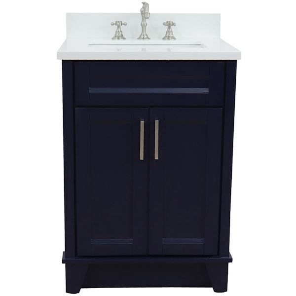 25" Single Sink Vanity in Blue Finish With White Quartz and Rectangle Sink