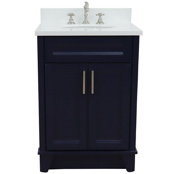 25" Single Sink Vanity in Blue Finish With White Quartz and Oval Sink
