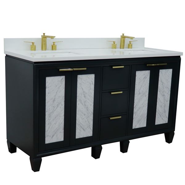 61" Double Sink Vanity in Dark Gray Finish With White Quartz and Rectangle Sink