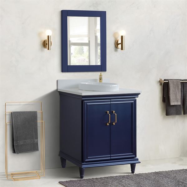 31" Single vanity in Blue finish with White quartz and round sink 