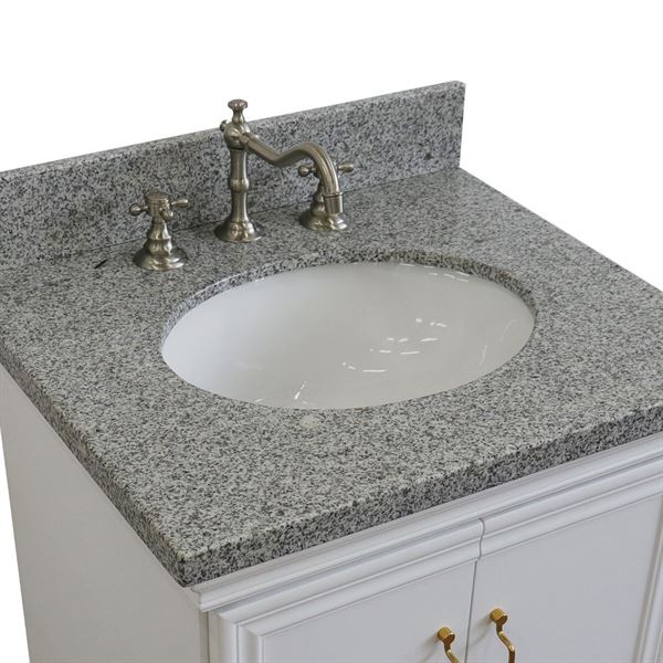 25" Single vanity in White finish with Gray granite and oval sink