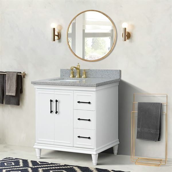 37" Single Vanity in White Finish with Gray Granite and Rectangle Sink- Left Door/Left Sink