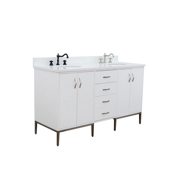 61" Double Sink Vanity in White Finish With White Quartz and Oval Sink
