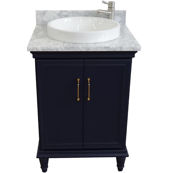 25" Single vanity in Blue finish with White Carrara and round sink