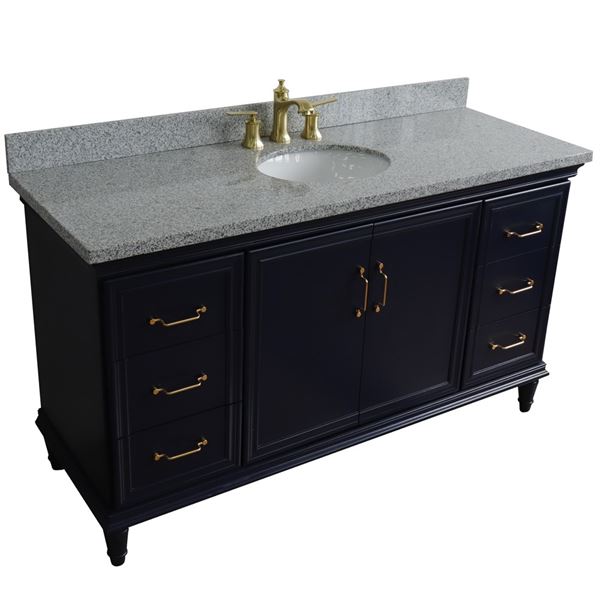61" Single sink vanity in Blue finish and Gray granite and oval sink