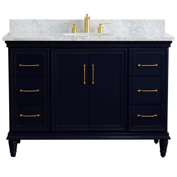 49" Single sink vanity in Blue finish with White carrara marble and and oval sink