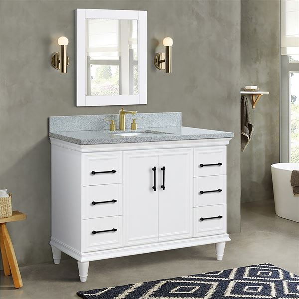 49″ Single Sink Vanity in White Finish with Gray Granite and Rectangle Sink