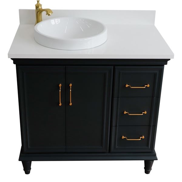 37" Single vanity in Dark Gray finish with White quartz and round sink- Left door/Left sink