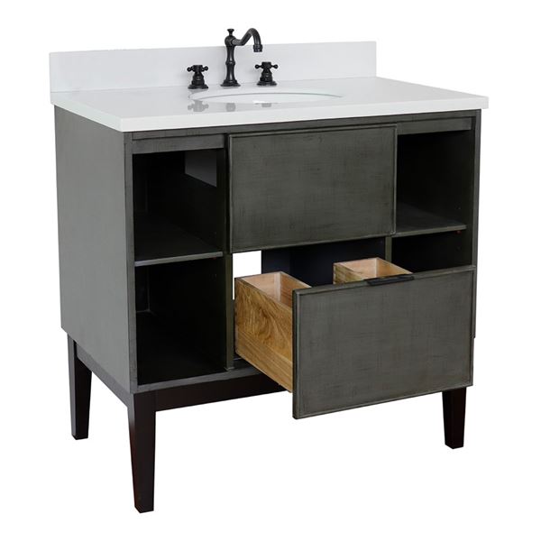 37" Single Vanity in Linen Gray Finish With White Quartz Top and Oval Sink