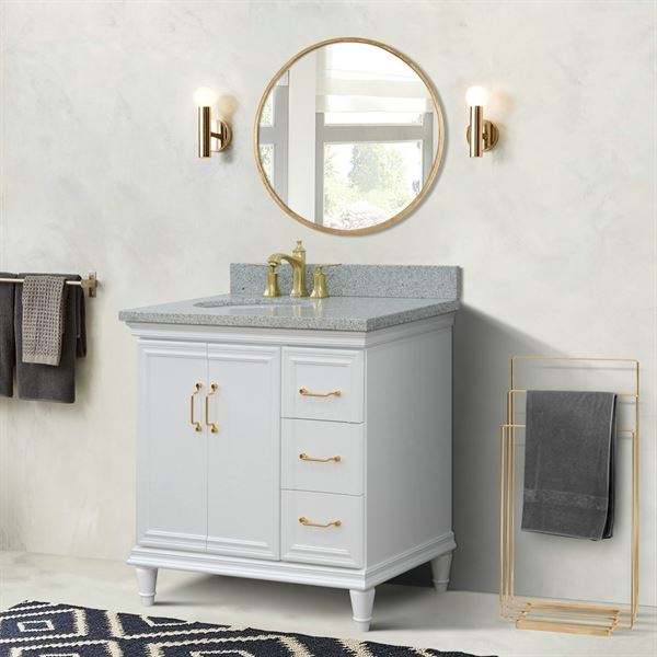 37" Single vanity in White finish with Gray granite and oval sink- Left door/Left sink
