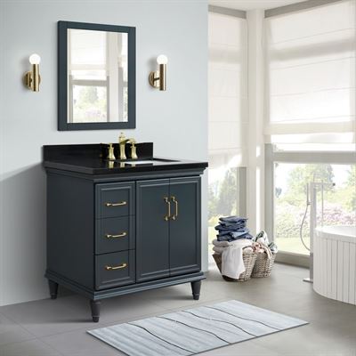 37" Single vanity in Dark Gray finish with Black galaxy and rectangle sink- Right door/Right sink