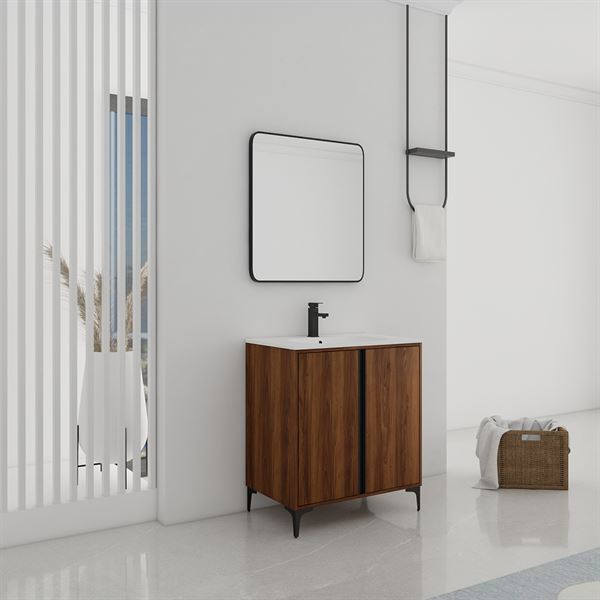 30 in. Single Vanity in Brown Walnut finish with Solid Surface Resin White Sink