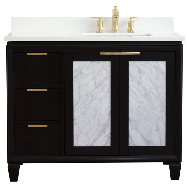 43" Single Vanity in Black Finish With White Quartz and Rectangle Sink- Right Door/Right Sink