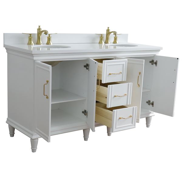 61" Double Sink Vanity in White Finish and White Quartz and Oval Sink