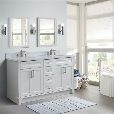61" Double Sink Vanity in White Finish and White Quartz and Oval Sink