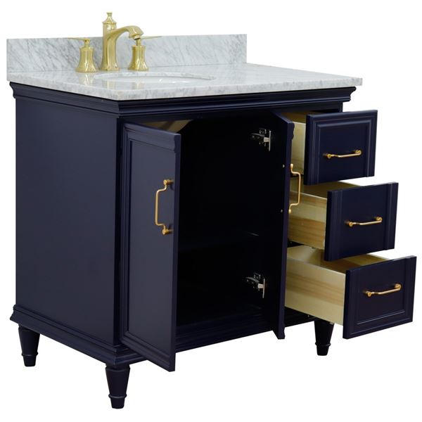37" Single vanity in Blue finish with White Carrara and oval sink- Left door/Left sink