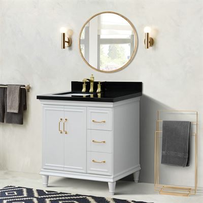 37" Single vanity in White finish with Black galaxy and rectangle sink- Left door/Left sink