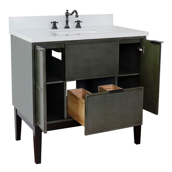 37" Single Vanity in Linen Gray Finish With White Quartz Top and Rectangle Sink