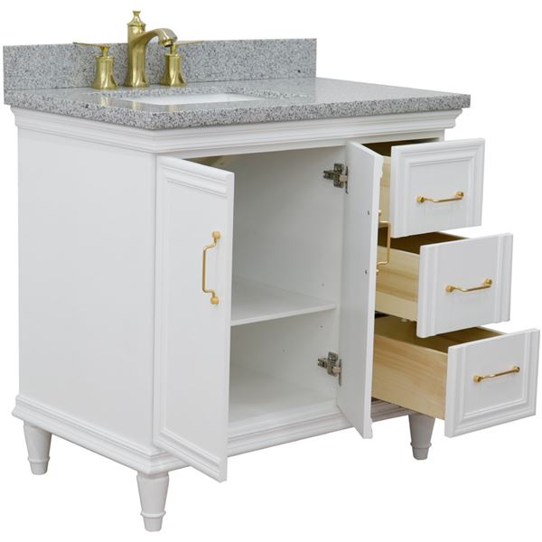 37" Single vanity in White finish with Gray granite and rectangle sink- Left door/Left sink