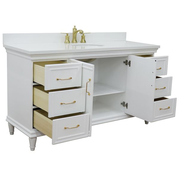 61" Single Vanity in White Finish With White Quartz and Oval Sink