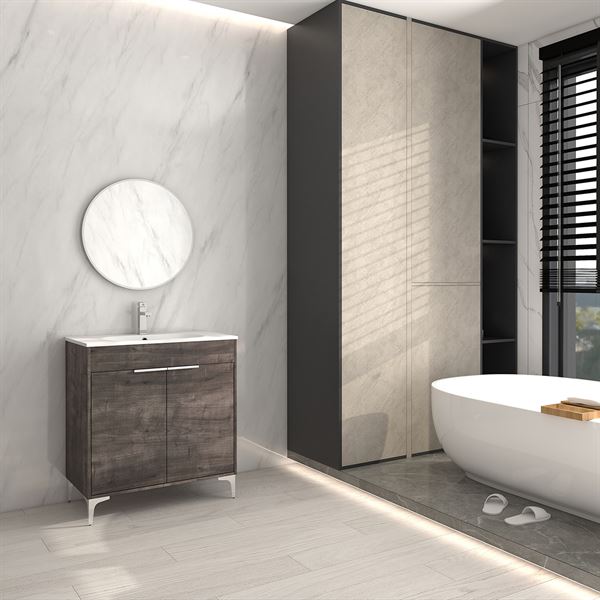 30 in. Single Vanity in Gray Oak finish with Solid Surface Resin White Sink