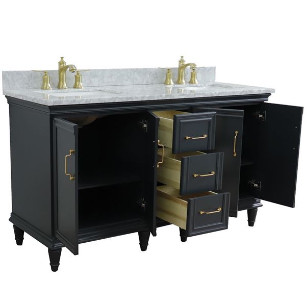 61" Double sink vanity in Dark Gray finish and White carrara marble and rectangle sink