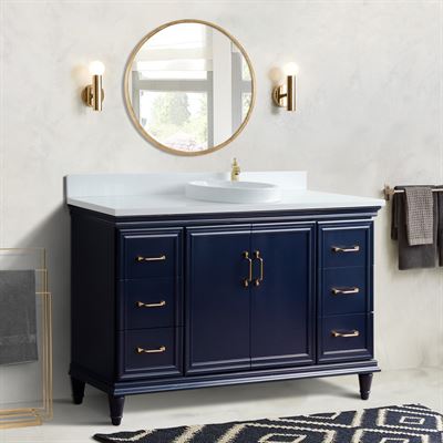 61" Single sink vanity in Blue finish and White quartz and round sink