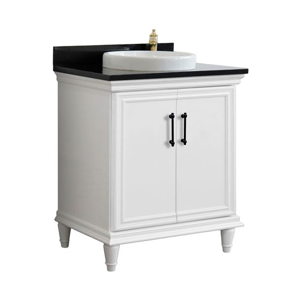 31" Single Vanity in White Finish with Black Galaxy and Round Sink