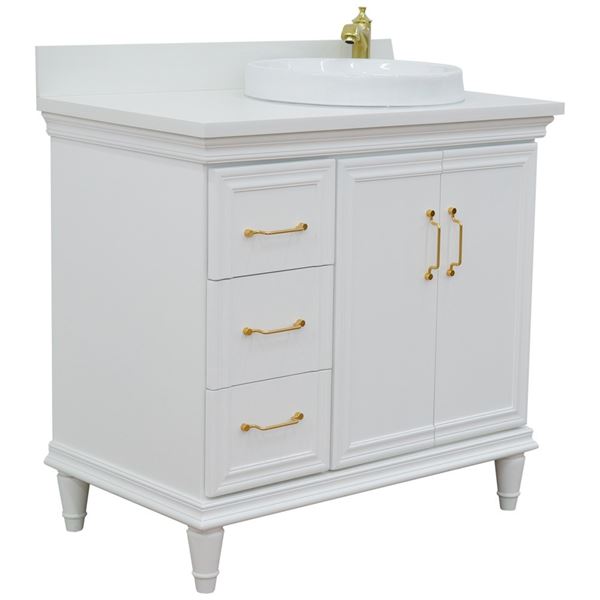 37" Single vanity in White finish with White quartz and round sink- Right door/Right sink