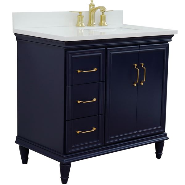 37" Single vanity in Blue finish with White quartz and rectangle sink- Right door/Right sink