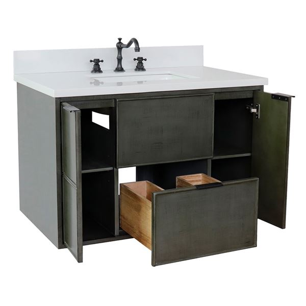 37" Single Wall Mount Vanity in Linen Gray Finish With White Quartz Top and Rectangle Sink
