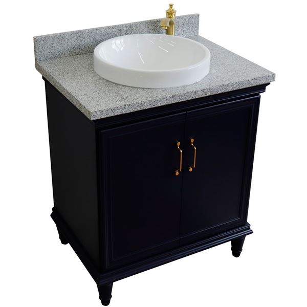 31" Single vanity in Blue finish with Gray granite and round sink