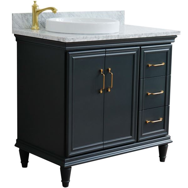 37" Single vanity in Dark Gray finish with White Carrara and round sink- Left door/Left sink
