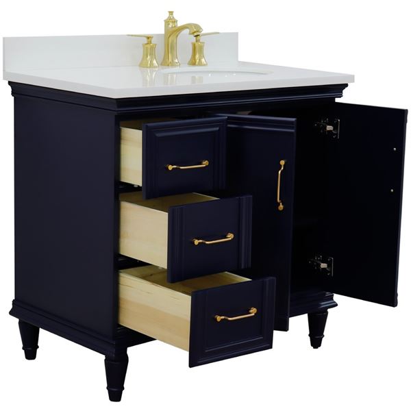 37" Single vanity in Blue finish with White quartz and oval sink- Right door/Right sink