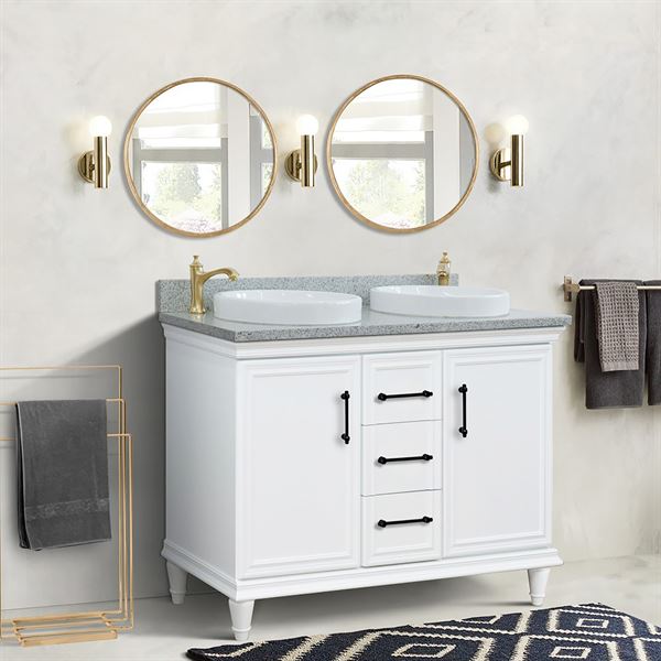 49″ Double Vanity in White Finish with Gray Granite and Round Sinks