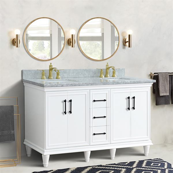 61″ Double Sink Vanity in White Finish and White Carrara Marble and Rectangle Sinks