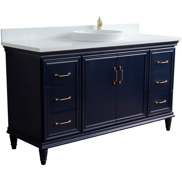 61" Single sink vanity in Blue finish and White quartz and round sink