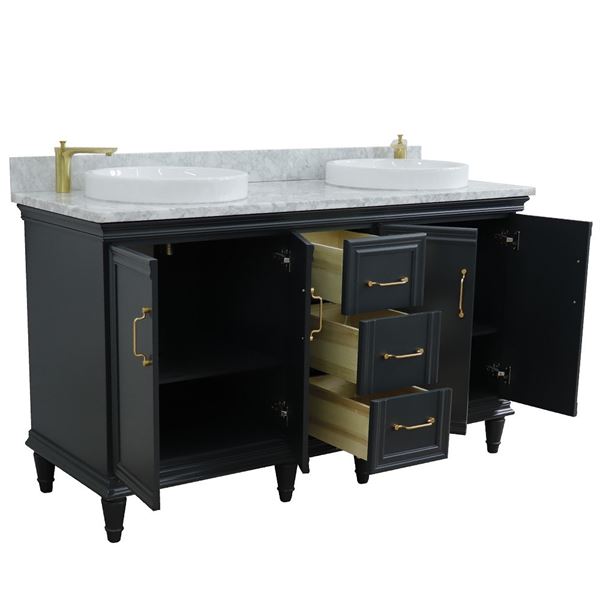 61" Double sink vanity in Dark Gray finish and White carrara marble and round sink
