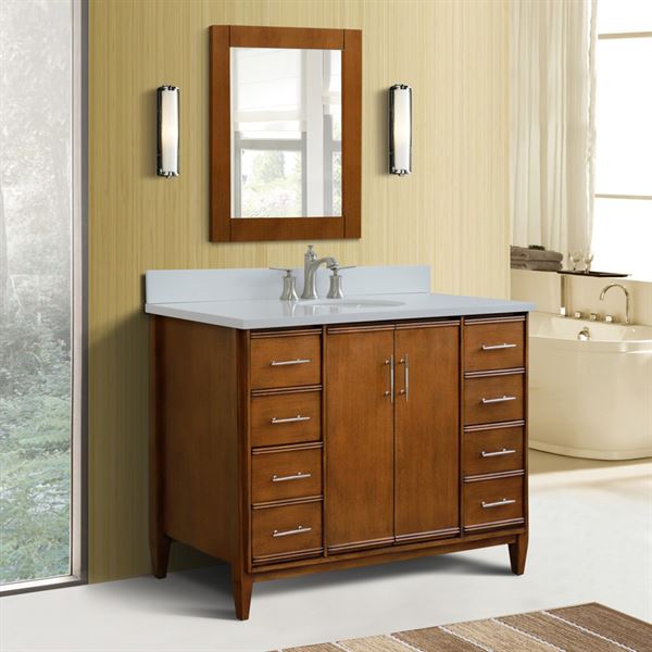 49″ Single Sink Vanity in Walnut Finish with White Quartz and Oval Sink