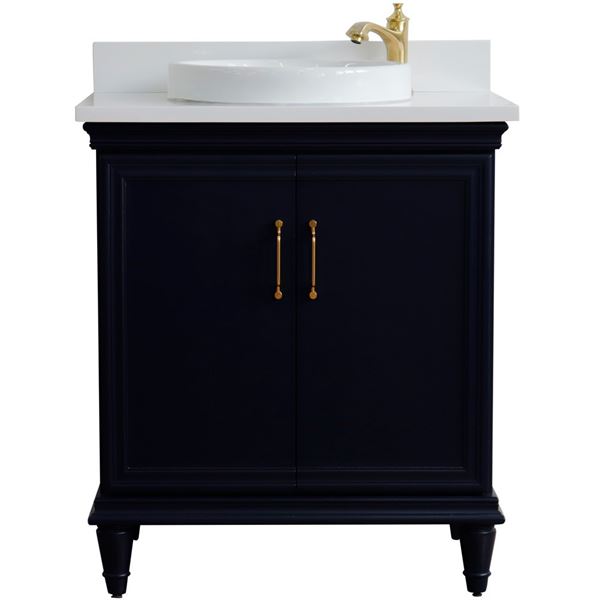 31" Single vanity in Blue finish with White quartz and round sink 