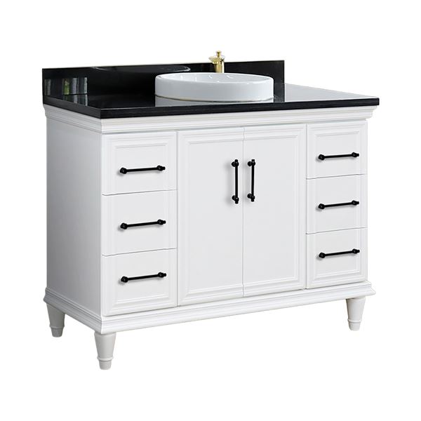 49" Single Sink Vanity in White Finish with Black Galaxy Granite and Round Sink