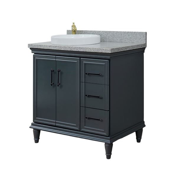 37" Single Vanity in Dark Gray Finish with Gray Granite and Round Sink- Left Door/Left Sink